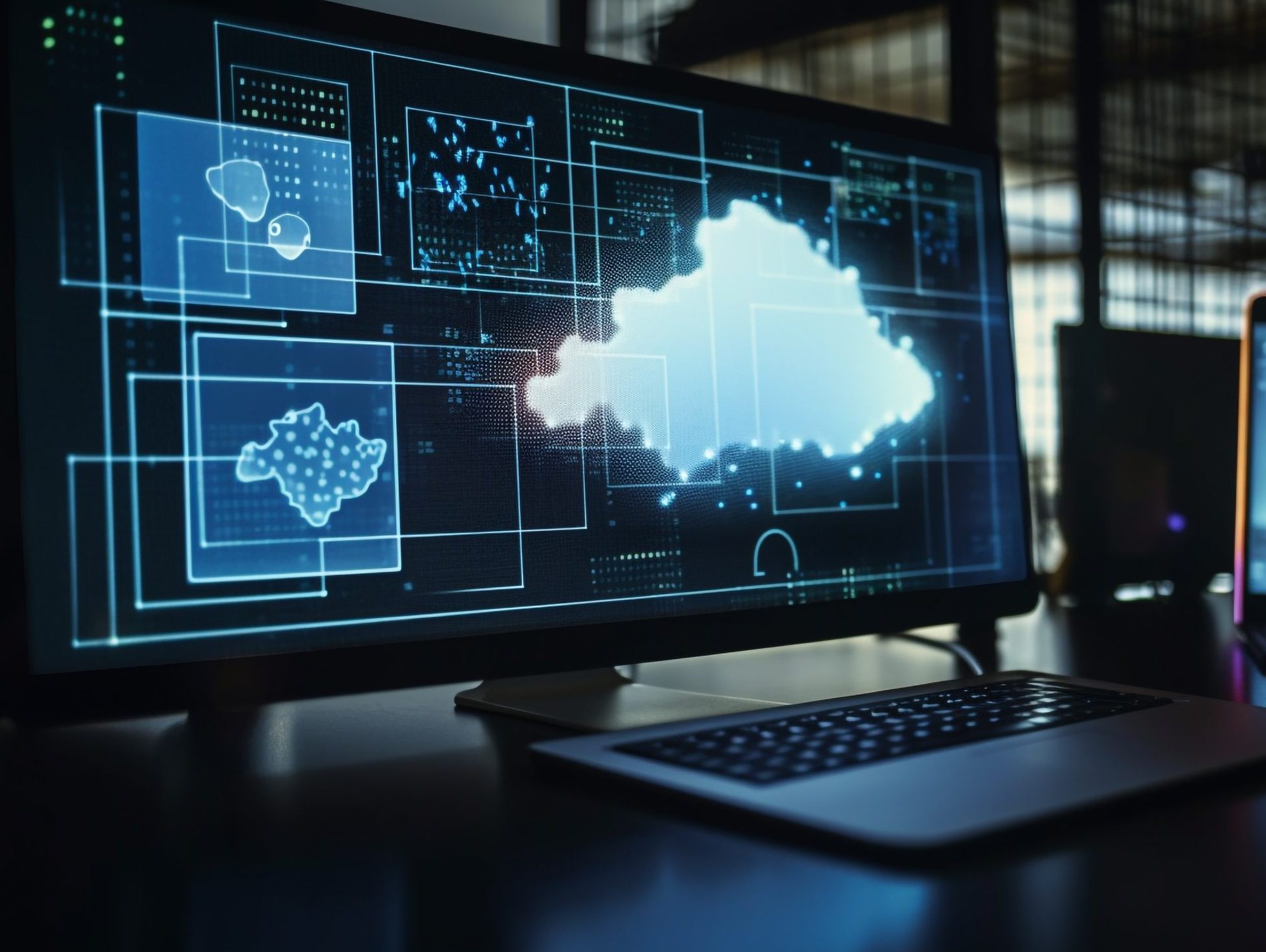 Glowing blue office desk with modern technology generated by AI Glowing blue office desk with modern technology generated by artificial intelligence